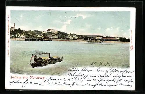 AK Starnberg, Blick übers Wasser zum Ort, Dampfer