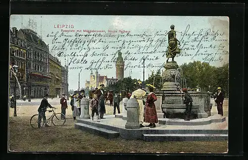 AK Leipzig, Rossplatz mit Mägdebrunnen, Neues Rathaus