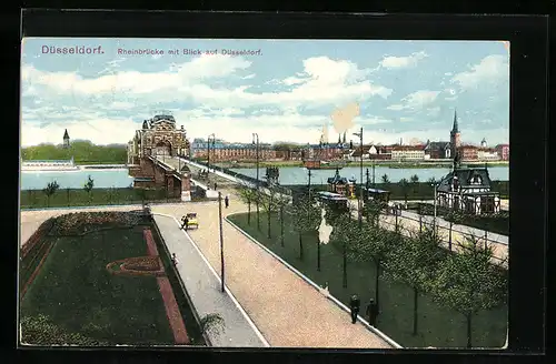 AK Düsseldorf, Rheinbrücke mit Blick auf die Stadt