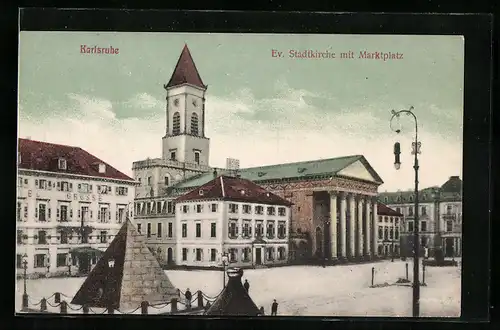 AK Karlsruhe, Ev. Stadtkirche mit Marktplatz