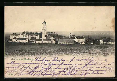 AK Ursberg, Ortsansicht mit Kirche und Feld
