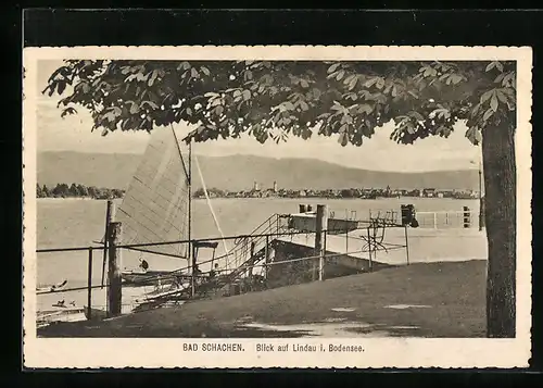 AK Bad Schachen, Blick auf Lindau i. Bodensee mit Segelboot