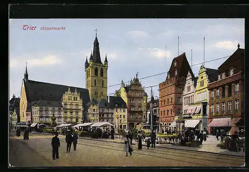 AK Trier, Hauptmarkt mit Geschäften und Kirche