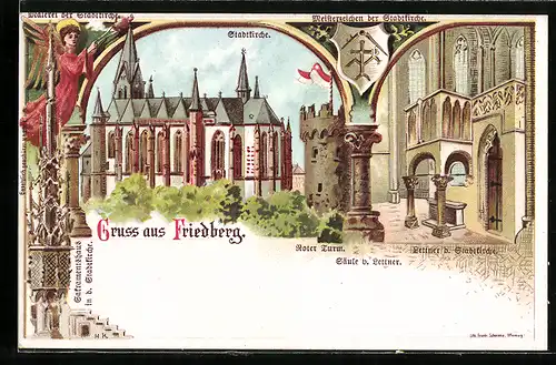 Lithographie Friedberg, Roter Turm, Stadtkirche, Säule