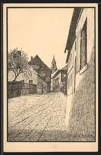 Künstler-AK Schneeberg, Strassenpartie mit Blick nach der Kirche