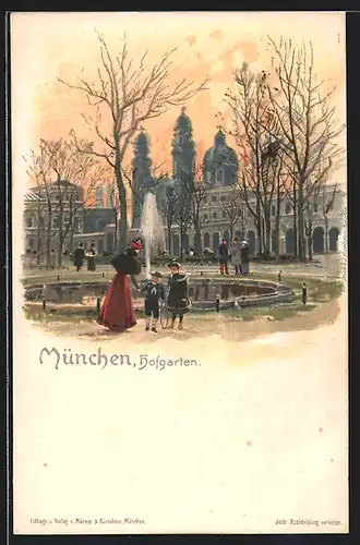 Lithographie München, Hofgartenpartie im Abendlicht