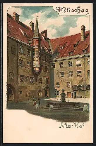 Lithographie München, Alter Hof im Licht- und Schattenspiel, Private Stadtpost