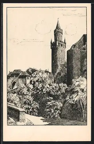 Künstler-AK Friedberg, Blick auf Adolfsturm