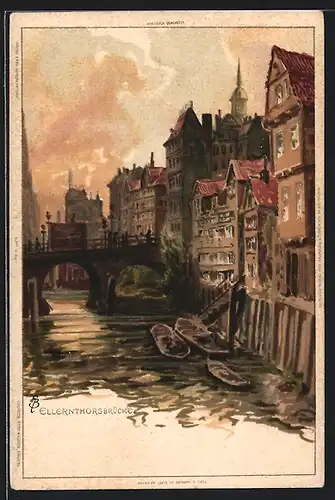 Künstler-AK Carl Biese: Alt-Hamburg, Ellernthorsbrücke, Häuser, Boote