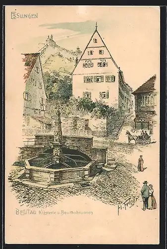 Lithographie Esslingen, Beutau Klösterle & Beutaubrunnen