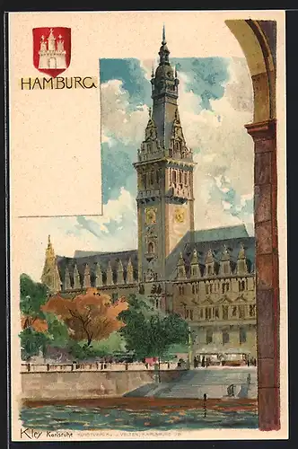 Künstler-AK Heinrich Kley: Hamburg, Stadtpartie und Wappen
