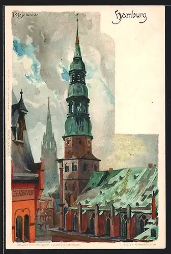 Künstler-AK Heinrich Kley: Hamburg, Blick auf die Kirche