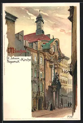 Künstler-Lithographie Heinrich Kley: München, St. Johann -Nepomuk-Kirche