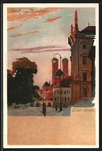 Künstler-AK Heinrich Kley: München, Elisen-Strasse mit den Türmen der Frauenkirche