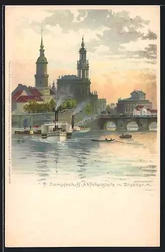 Lithographie Dresden, Dampfschiff-Abfahrtstelle