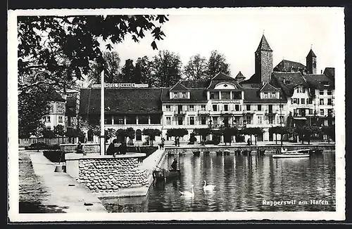 AK Rapperswil, Hafenpartie mit Hotel Schwanen und Gasthof zum Steinbock