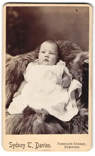 Fotografie Sydney T. Davies, Stafford, Foregate Street, Niedliches kleines Mädchen im weissen Kleid auf einem Fell