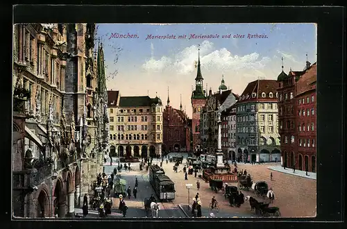 AK München, Marienplatz mit Mariensäule und altes Rathaus, Strassenbahn