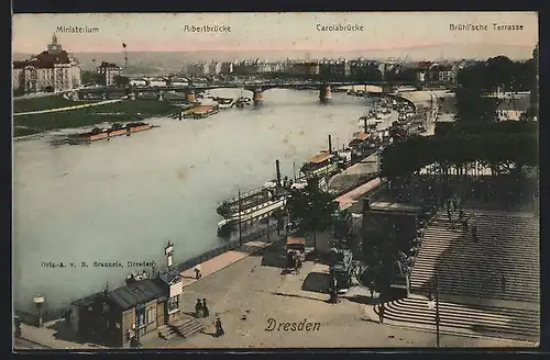 AK Dresden, Brühl'sche Terrasse mit Ministerium und Albertbrücke