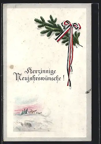AK Tannenzweig, National-Banderole, Frontszene, Neujahrsgruss