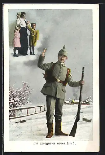 AK Soldat mit Gewehr, Winkende Familie, Neujahrsgruss