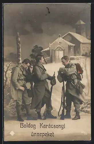 AK Soldaten mit Marschgepäck vor verschneiter Kirche