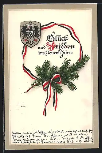 AK Tannenzweig mit Wappen und Schleife in Reichsfarben