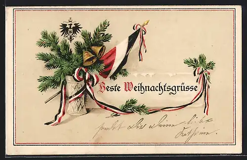 AK Beste Weihnachtsgrüsse, Reichsfahne mit Tannenzweig und Glocke