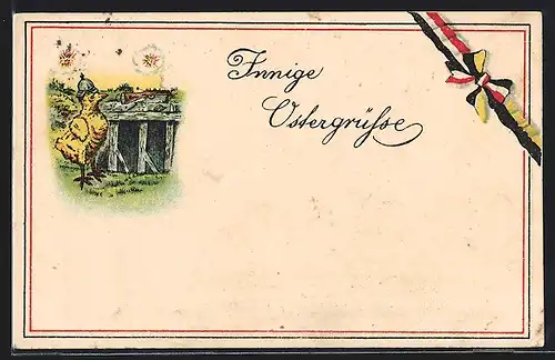 AK Küken mit Soldatenhelm, Ostergruss