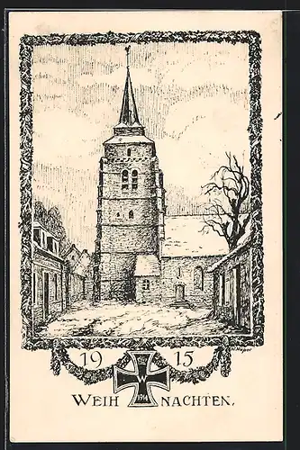 AK Eisernes Kreuz, Kirche im Schnee, Weihnachtsgruss 1915
