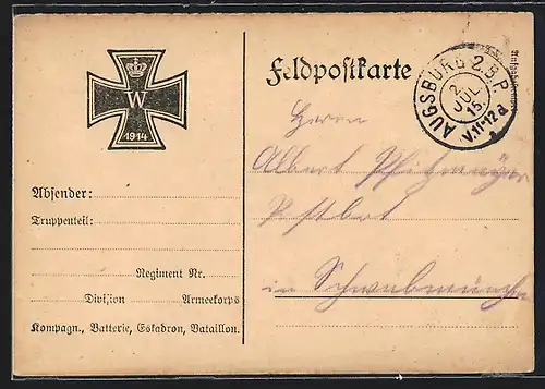 AK Eisernes Kreuz 1914, Feldpostkarte