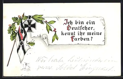 AK Ich bin ein Deutscher, Eisernes Kreuz, Flagge