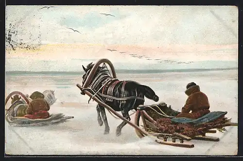 AK Zwei Ponyschlitten mit Fahrern im tiefen Schnee