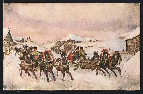 Künstler-AK Russische Pferdeschlitten eilen durch verschneites Dorf