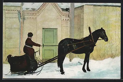 AK Fahrer im Pferdeschlitten vor einem Gebäude