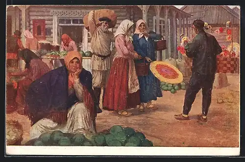 Künstler-AK Handel auf einem russischen Markt