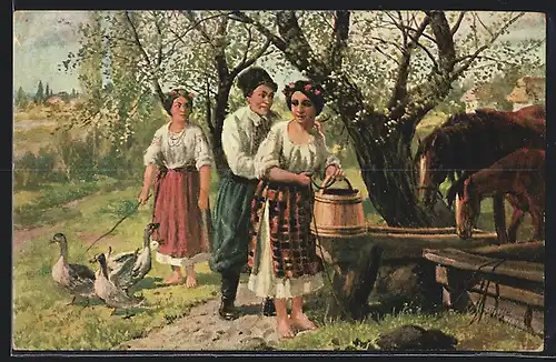 AK Russische Frauen beim Wasserholen