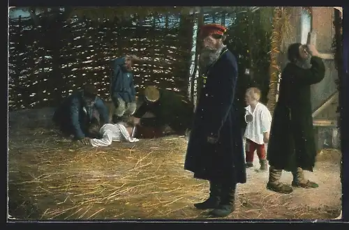 AK Russen in einer mit Stroh ausgelegten Holzhütte