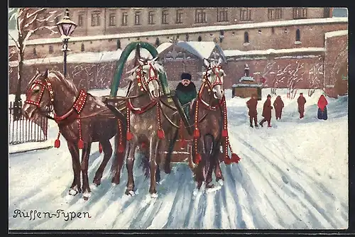 AK russischer Kutscher in einem Pferdeschlitten