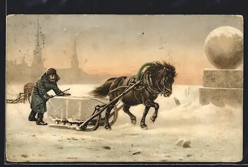 Künstler-AK Charge de glace, Mann mit Pferdeschlitten