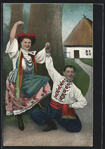 AK russisches Tanzpaar in Trachten
