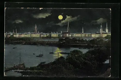 AK Hamburg, Lombardsbrücken im Mondschein