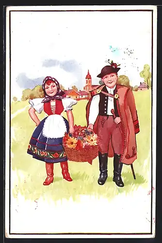 AK Kleines Trachtenpaar in ungarischer Tracht, Blumenkorb
