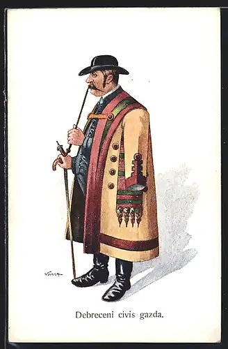 Künstler-AK Ungarischer Herr im Mantel mit Stock und Hut