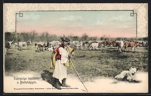 AK Hortobágy, Rinderhirte mit Herde und Hund