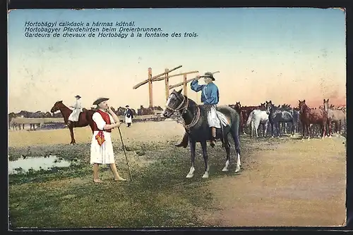AK Hortobágy, Pferdehirten beim Dreierbrunnen