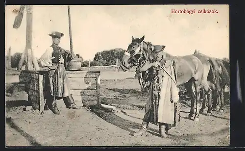 AK Hortobágy, Hirten und Pferde am Brunnen