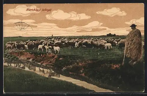 AK Hortobágy, Schäfer mit Herde an einer Wasserstelle