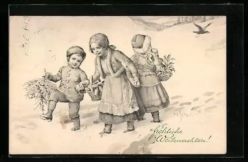 Künstler-AK H. Schubert: Kindergruppe im Schnee, Weihnachtsgruss