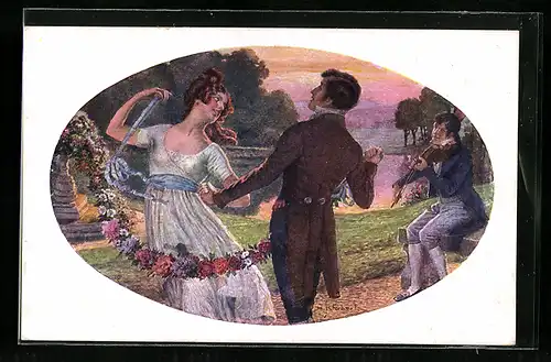 Künstler-AK H. Schubert: Paar beim Tanz vor einem See, Geiger